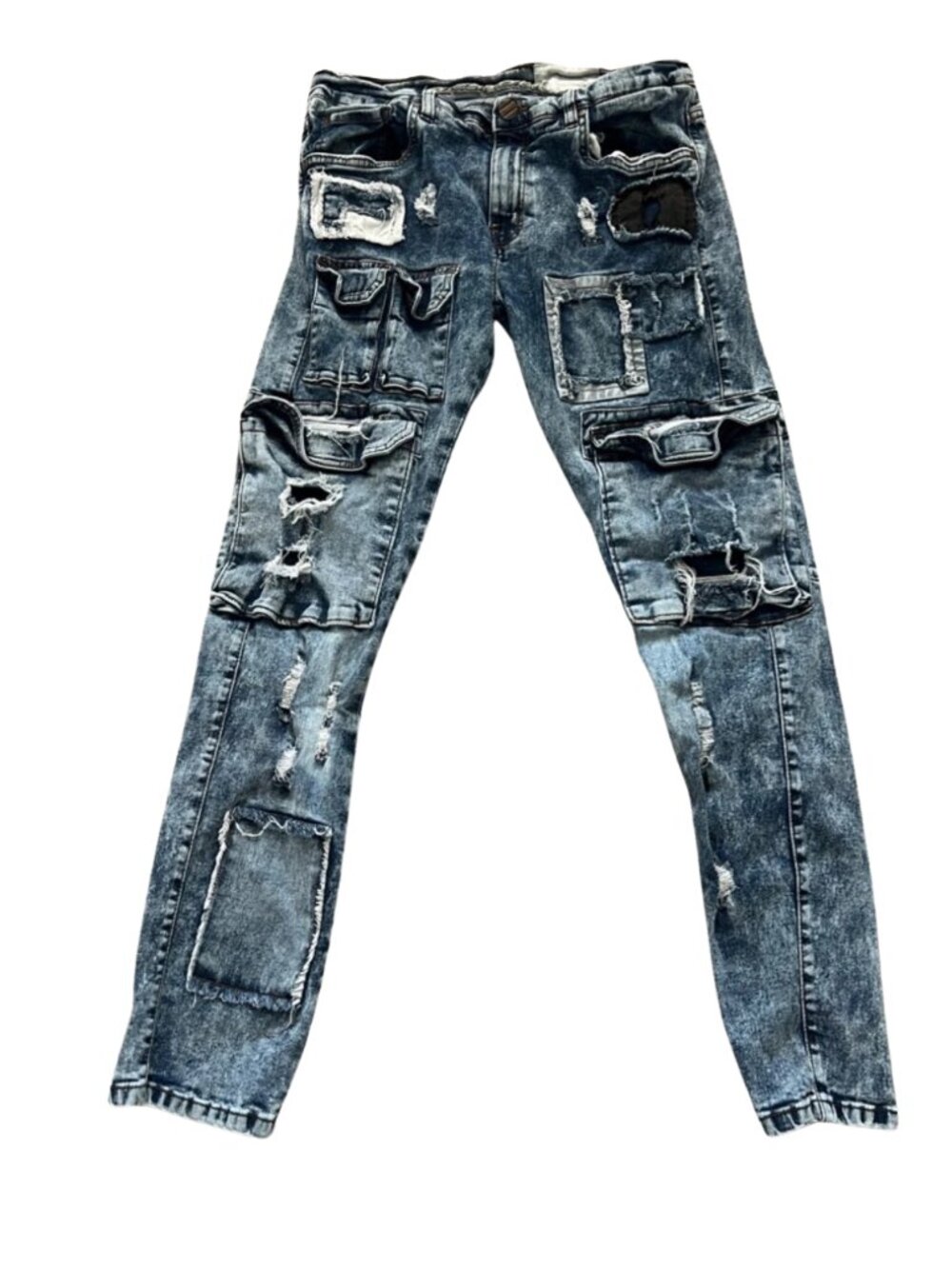FWRD Denim Men's Distressed Patchwork Blue Slim Cargo Jeans - Size 34x32